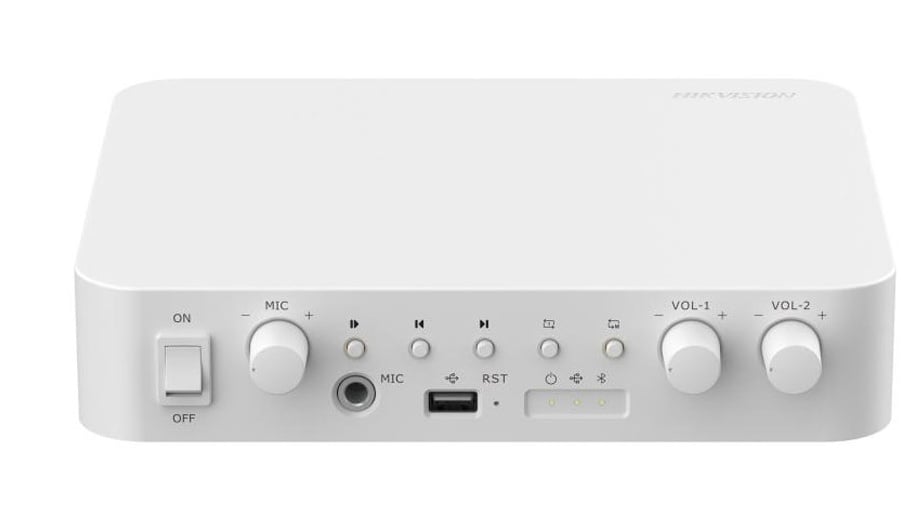 Amplificator cu mixer IP Hikvision DS-QAE1A80G1-VB, 2 zone, 80W, USB/Bluetooth/RCA, intrare microfon, Alarma. Fiabilitate si performanță 1 Amplificator cu mixer IP Hikvision DS-QAE1A80G1-VB