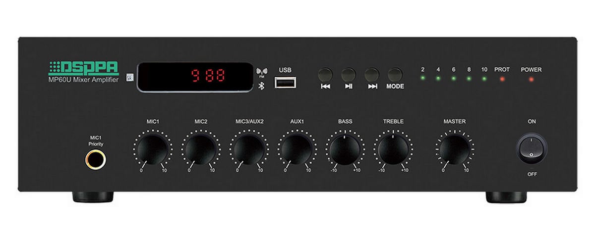 Amplificator cu mixer PA DSPPA MP60U, 60W, 100V, impedanta 4-16 ohmi, 6 canale, 3 MIC, 2 AUX, cu USB, FM si Bluetooth. Fiabilitate si performanță 1 Amplificator cu mixer PA DSPPA MP60U