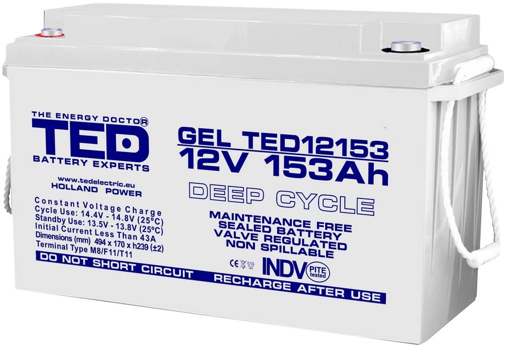 Baterie cu gel 12V, 153Ah, terminal M8, TED TED003515. Fiabilitate si performanță 1 Baterie cu gel 12V