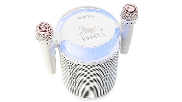 Boxa karaoke 120W, 4 inch/10cm, Ibiza Sound KARAHOME-WH, Bluetooth, USB, microSD, AUX, Coax, 2x microfoane 2.4 GHz, baterie 3.7V 4000mAh. Fiabilitate si performanță 1 Boxa karaoke 120W