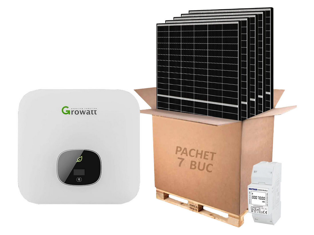 Kit invertor rezidential monofazat 3kW, Wi-Fi, 7 panouri fotovoltaice, 1 contor inteligent, Growatt KIT-MIC 3000-TL-X-panou. Fiabilitate si performanță 1 Kit invertor rezidential monofazat 3kW