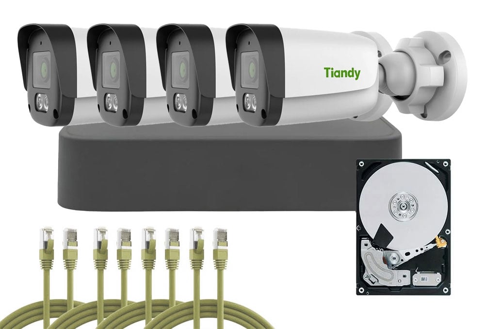 Kit supraveghere complet exterior Trilight Tiandy PoE, 4MP, Audio, Iluminare suplimentara IR 50m, MicroSD, Kit-Tia4MPEPOEF. Fiabilitate si performanță 1 Kit supraveghere complet exterior Trilight Tiandy PoE