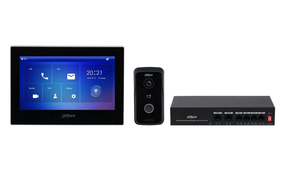 Kit videointerfon IP Dahua Eco Series, 1MP, 1 familie aparent, 7 inch, IC card, Comunicare bidirectionala, PoE, MicroSD, KTP03. Fiabilitate si performanță 1 Kit videointerfon IP Dahua Eco Series