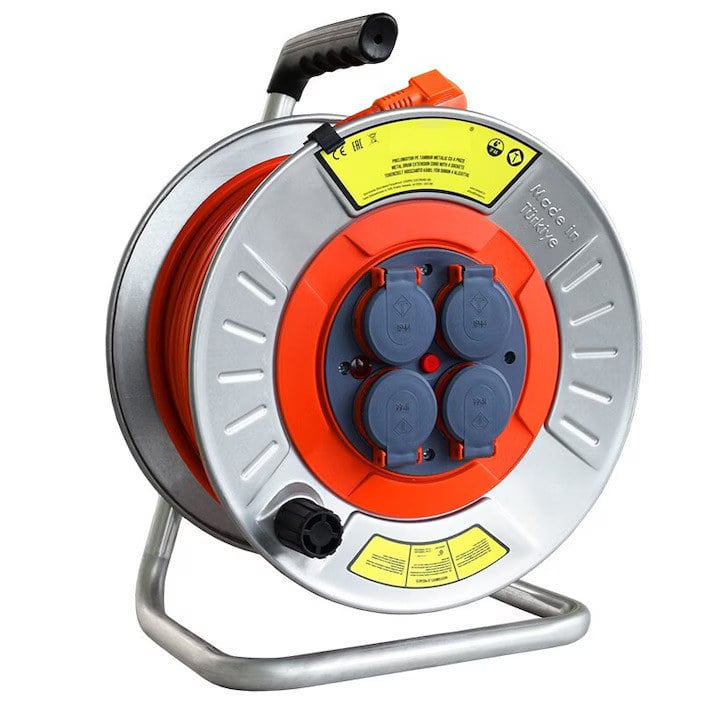 Prelungitor electric monofazat, pe tambur metalic, 4 prize, 3 X 2.5 mmp si 50 m lungime, E-PSM25T50. Fiabilitate si performanță 1 Prelungitor electric monofazat