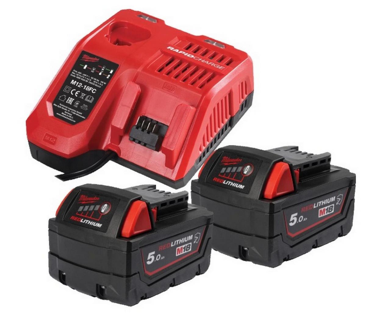 Set 2 acumulatori 5.0Ah si incarcator rapid Milwaukee M18 NRGCR-502, rezistenta la chimicale, 4932479831. Fiabilitate si performanță 1 Set 2 acumulatori 5.0Ah si incarcator rapid Milwaukee M18 NRGCR-502