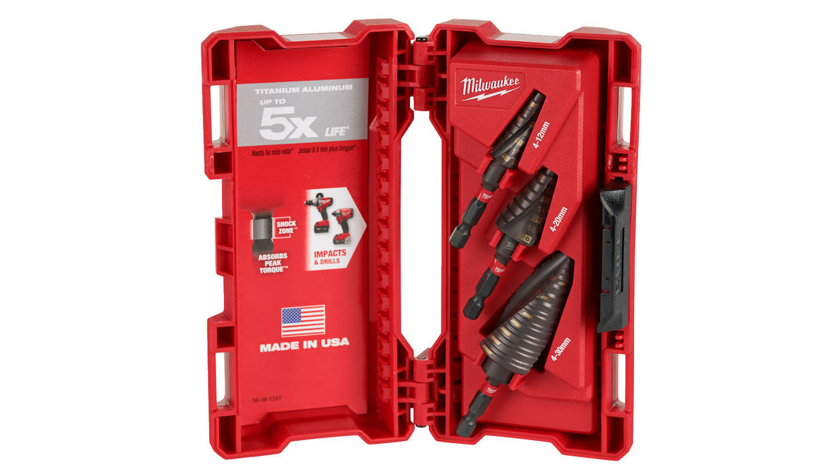 Set burghie Milwaukee, in trepte 4-12mm, 1.4-20mm, 4-30mm, 3 piese, canelura spiralata dubla, prindere Hex 1/4 inch Shockzone, 48899266. Fiabilitate si performanță 1 Set burghie Milwaukee