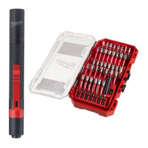 Set de 38 biti Milwaukee Shockwave + lanterna LED TRUEVIEW cu acumulator 3V