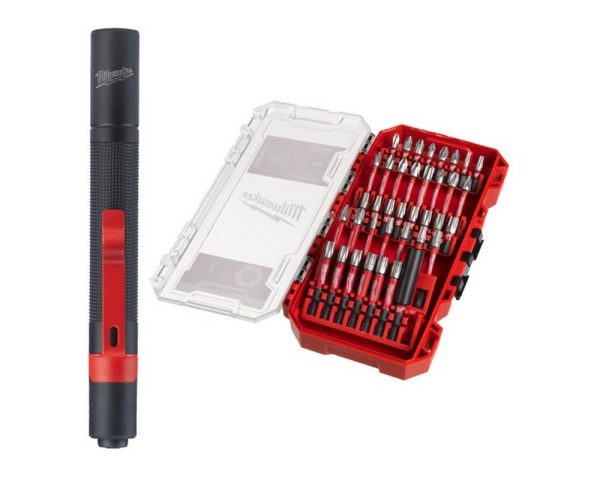 Set de 38 biti Milwaukee Shockwave + lanterna LED TRUEVIEW cu acumulator 3V