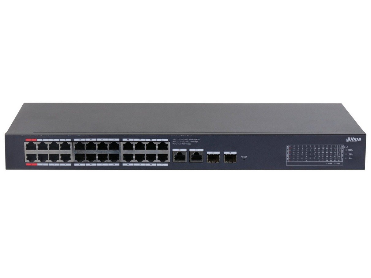 Switch 28 porturi, Dahua CS4228-24GT-240, 24x porturi PoE Gigabit, 2x RJ45 Gigabit uplink, 2x SFP Gigabit, Smart Managed, Watchdog. Fiabilitate si performanță 1 Switch 28 porturi