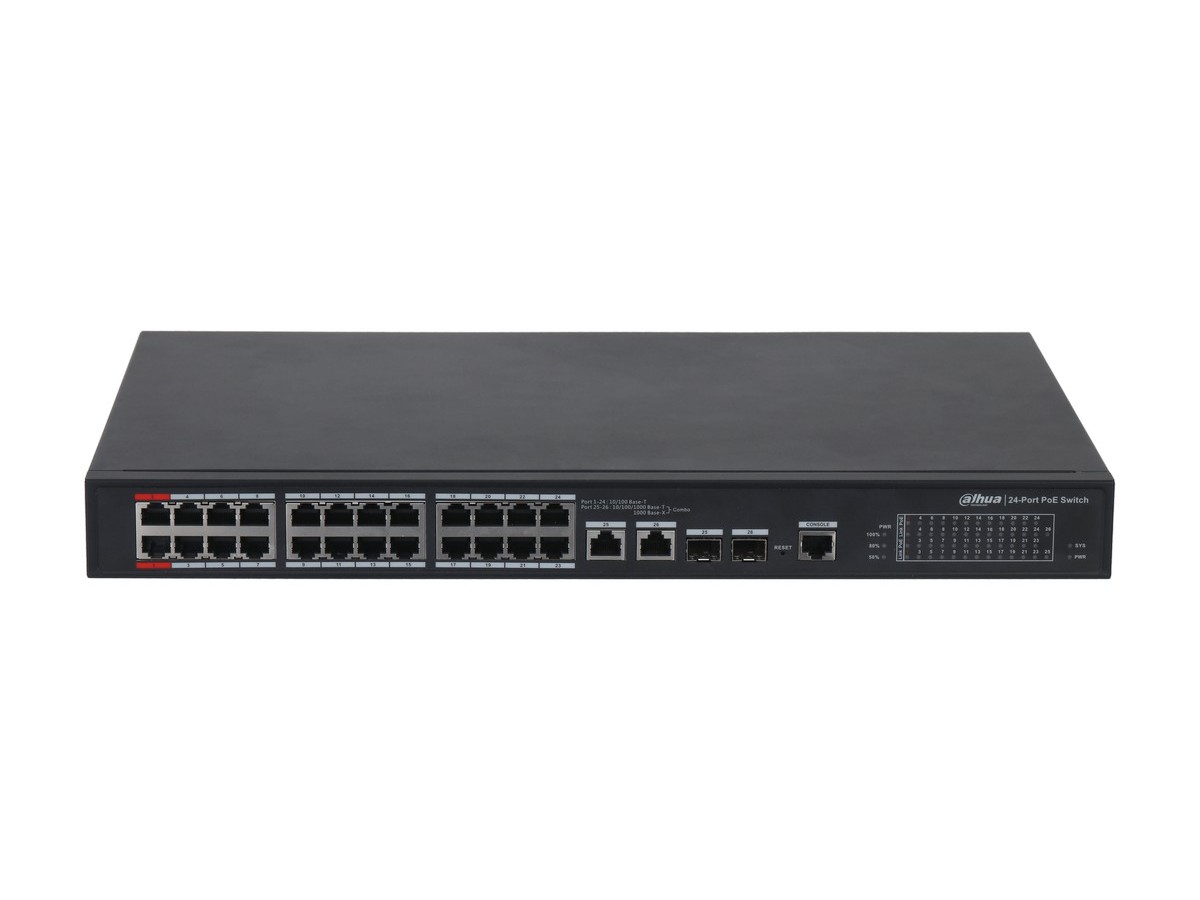 Switch 29 porturi, Dahua PFS4226-24ET-360-V3, 24x Rj45 PoE 2.0, 2x RJ45 Gb uplink, 2x SFP Gb uplink, 1x consola, 360W, Watchdog, cu management. Fiabilitate si performanță 1 Switch 29 porturi