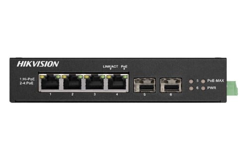 Switch 4 porturi Gigabit PoE, 2 porturi uplink SFP, Hikvision DS-3T0506HP-E-HS. Fiabilitate si performanță 1 Switch 4 porturi Gigabit PoE