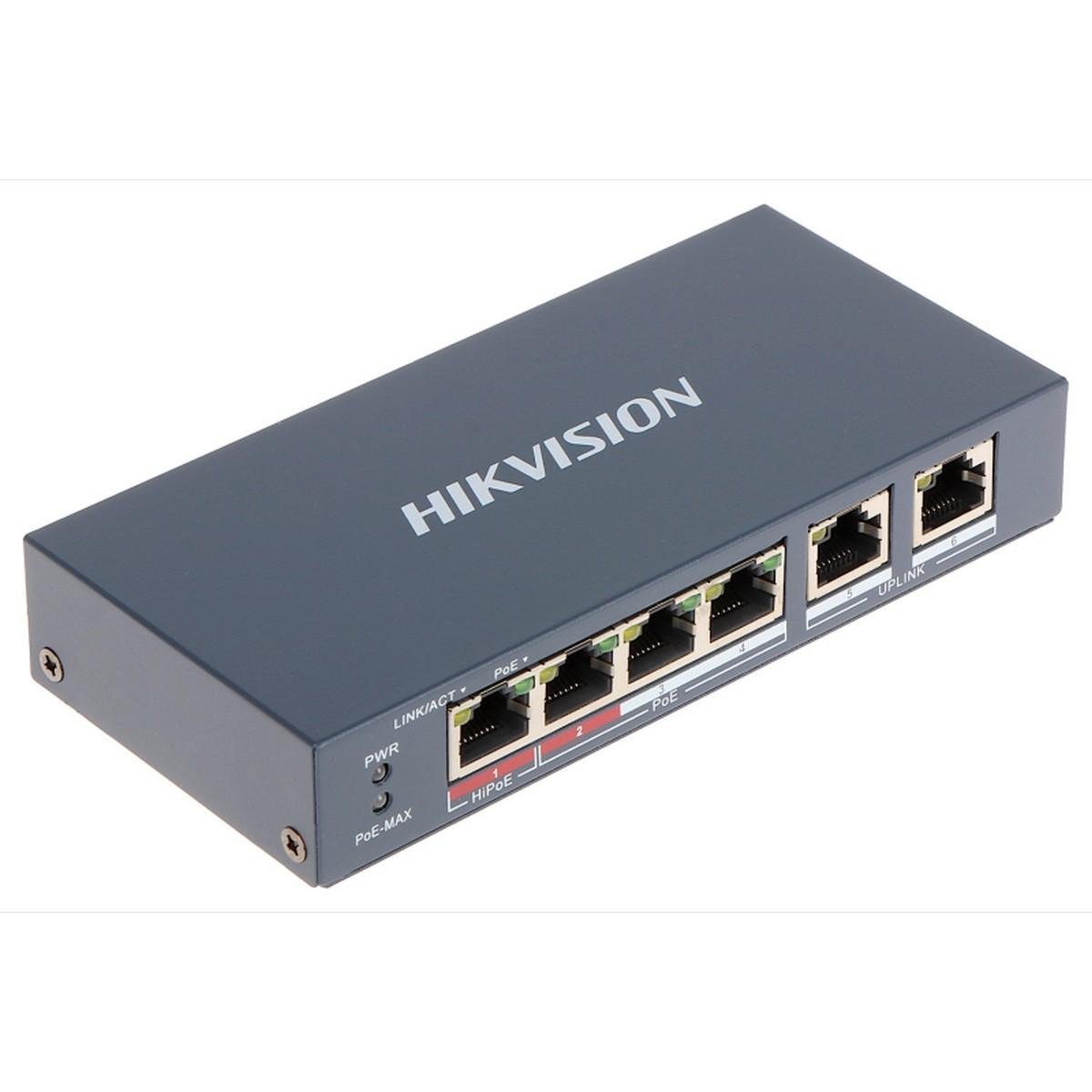 Switch 4 porturi PoE+, 2 porturi uplink, Hikvision DS-3E0106HP-E. Fiabilitate si performanță 1 Switch 4 porturi PoE+