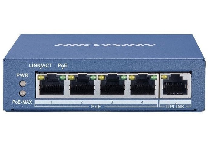 Switch 4 porturi PoE, Hikvision DS-3E1505P-EI/M, 1 port 10/100Mbps RJ45, 45W, cu management. Fiabilitate si performanță 1 Switch 4 porturi PoE