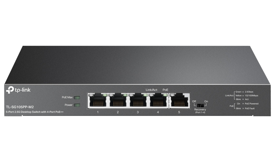 Switch 5 porturi Gigabit RJ45, Tp-Link TL-SG105PP-M2, 4x porturi PoE++, 123W, capacitate 25Gbps, plug and play. Fiabilitate si performanță 1 Switch 5 porturi Gigabit RJ45, Tp-Link TL-SG105PP-M2, 4x porturi PoE++, 123W, capacitate 25Gbps, plug and play. Fiabilitate si performanță – ofertă, preț și specificații