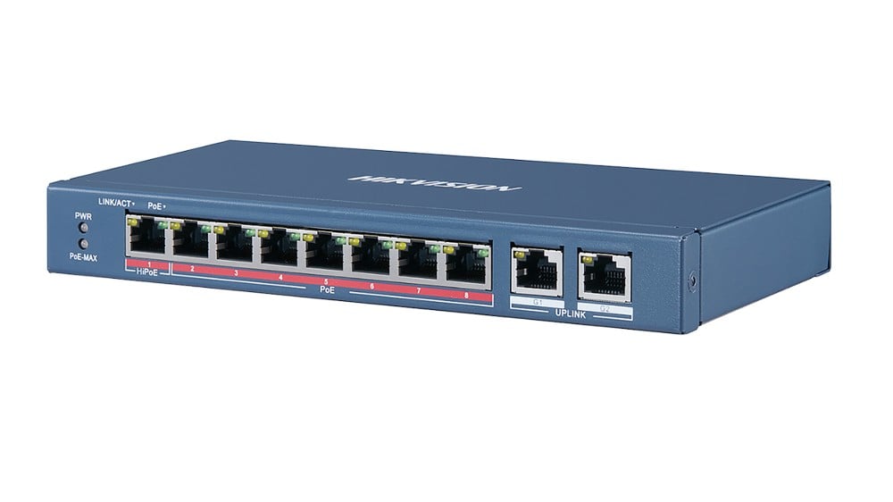 Switch 8 porturi PoE Hikvision DS-3E0310HP-E, 2 porturi RJ45 Gigabit uplink, 110 W, 100 Mbps, protectie la supratensiune 6KV. Fiabilitate si performanță 1 Switch 8 porturi PoE Hikvision DS-3E0310HP-E