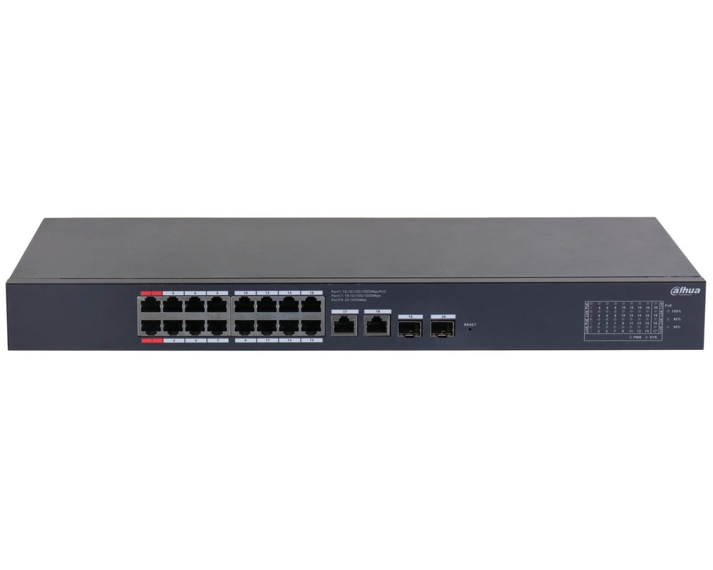 Switch Dahua CS4220-16GT-135, 20 porturi, 16x PoE, 2x RJ45 Gb uplink, 2x SFP Gb uplink, 135W, management, Watchdog, montare in rack. Fiabilitate si performanță 1 Switch Dahua CS4220-16GT-135