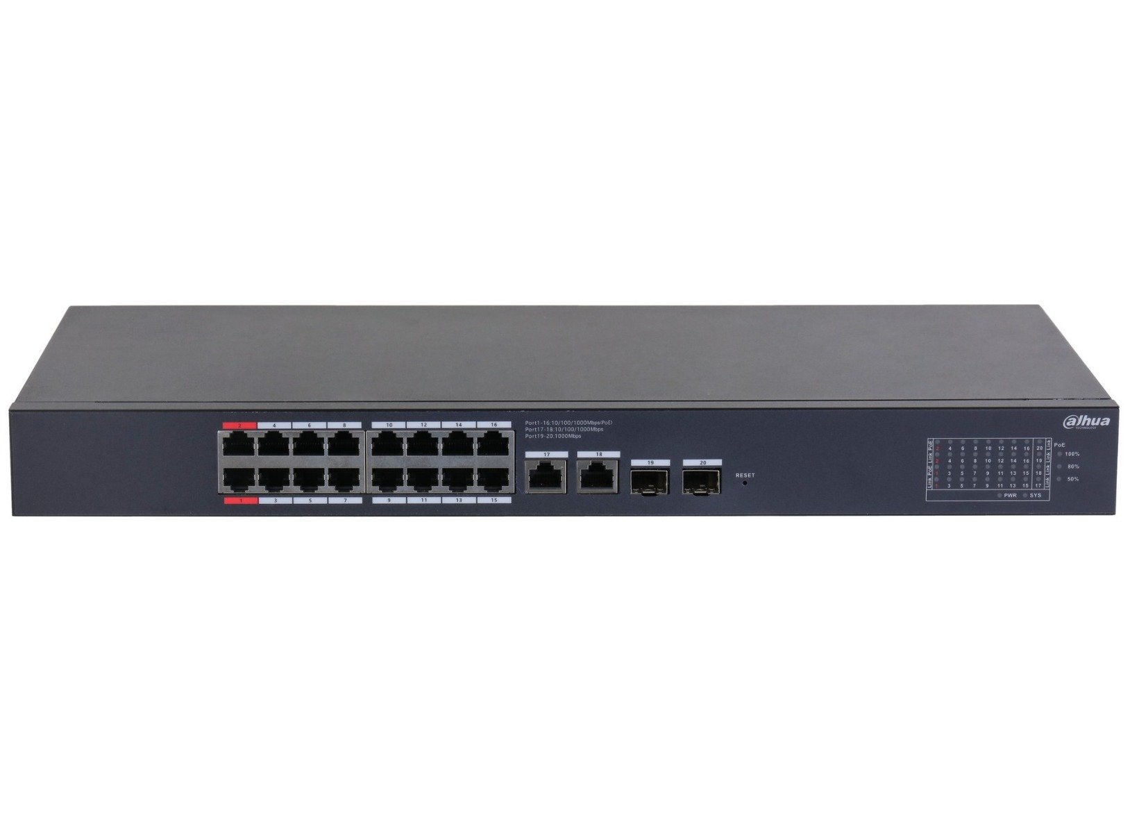Switch Dahua CS4220-16GT-240, 20 porturi, 16x PoE Gb, 2x RJ45 Gb, 2x SFP Gb, 240 W, cu management, Watchdog. Fiabilitate si performanță 1 Switch Dahua CS4220-16GT-240
