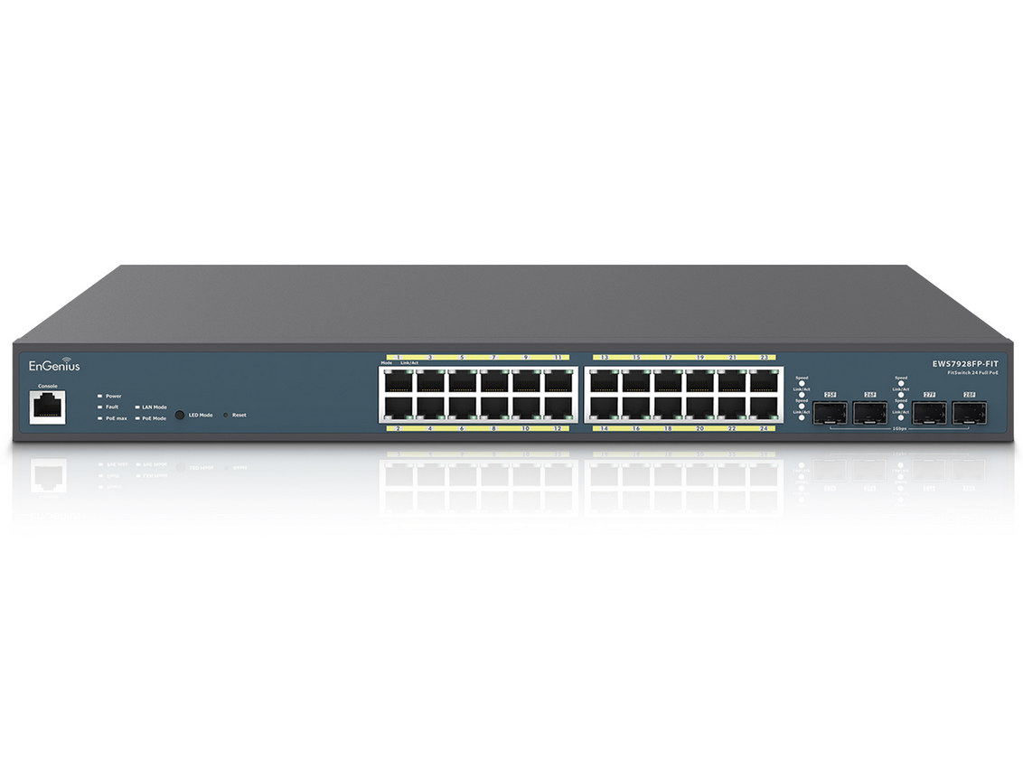 Switch EnGenius EWS7928FP-Fit, 24 porturi Gigabit POE, 4 porturi SFP, 1 port RJ45, putere 410W, 56Gbps, cu management, montare in rack 19". Fiabilitate si performanță 1 Switch EnGenius EWS7928FP-Fit