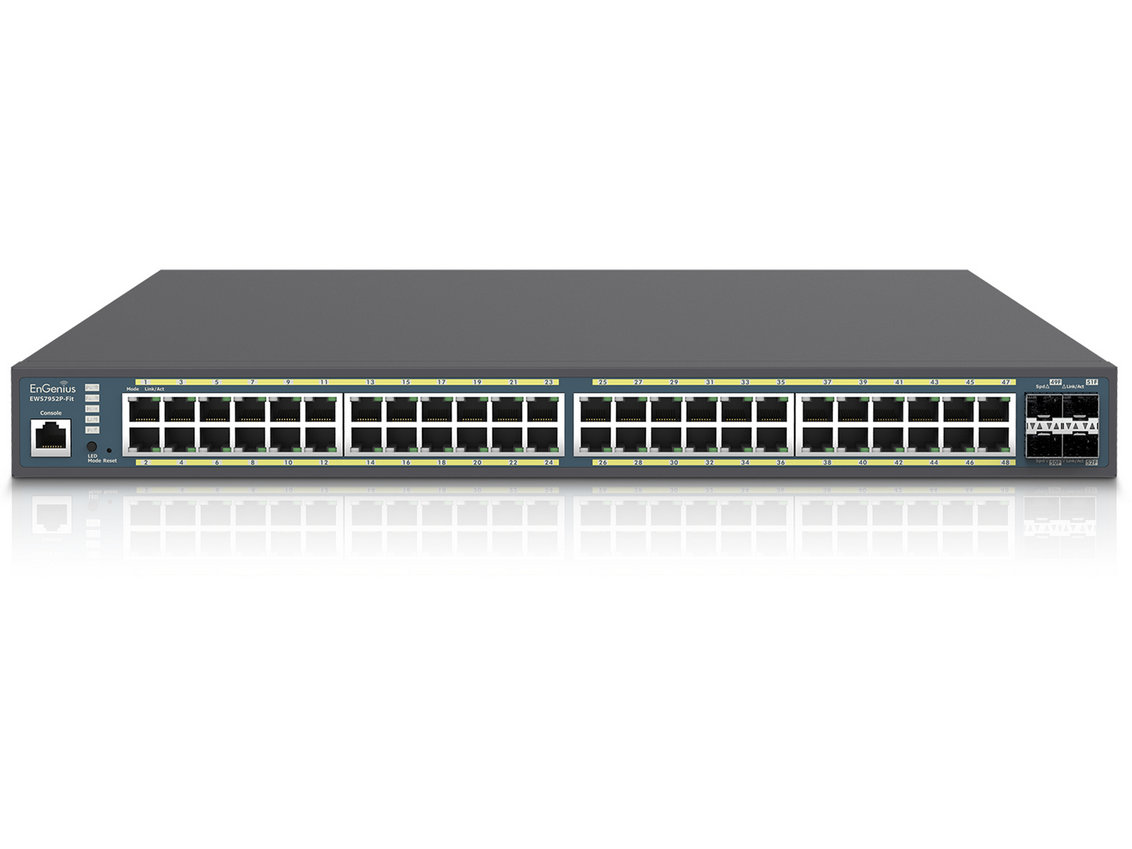 Switch EnGenius EWS7952P-Fit, 48 porturi Gigabit POE, 4 porturi SFP, 1 port RJ45, putere 410W, 104Gbps, cu management, montare in rack 19 inch. Fiabilitate si performanță 1 Switch EnGenius EWS7952P-Fit