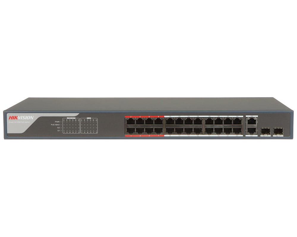 Switch PoE 28 porturi, Hikvision DS-3E1326P-EI, 24x RJ45 PoE 100 Mbps, 2x uplink Gigabit, 2x porturi SFP, 370 W, SMART Management. Fiabilitate si performanță 1 Switch PoE 28 porturi