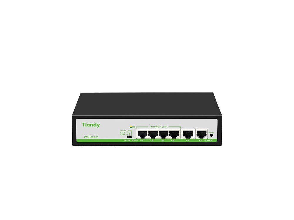 Switch PoE, 6 porturi, 4x 10/100Mbps PoE, 2x 10/100Mbps RJ45 Uplink, Tiandy TC-P3S06-F0420AT55. Fiabilitate si performanță 1 Switch PoE