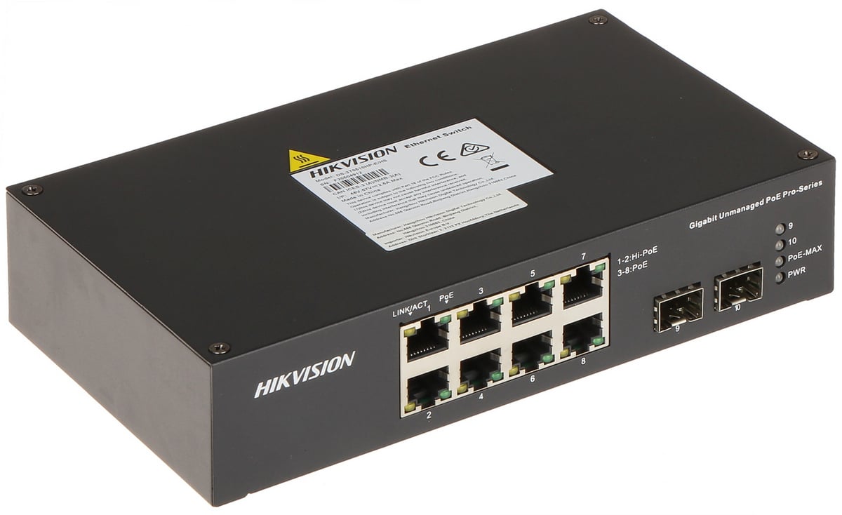 Switch PoE cu 8 + 2 Porturi, 110W, Hikvision, Hi-PoE max 90W/Port, Gigabit, SFP DS-3T0510HP-E/HS. Fiabilitate si performanță 1 Switch PoE cu 8 + 2 Porturi