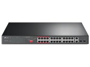 Switch cu 28 porturi TP-Link TL-SL1226P, 24x PoE+ RJ45 10/100Mbps, 2x RJ45 GB, 2x SFP GB Combo, 250W. Fiabilitate si performanță