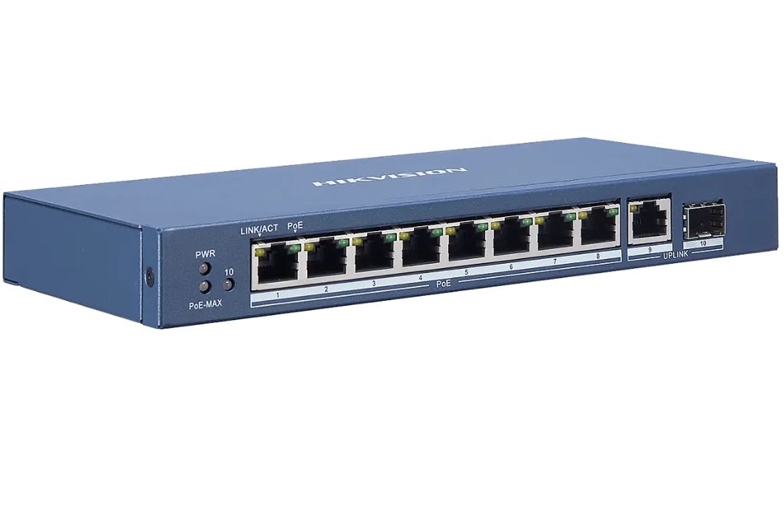 Switch cu 8 Porturi PoE Gigabit Hikvision, pana la 110W total, pana la 30W/port, 1x LAN, 1X SFP, L2, DS-3E0510P-E. Fiabilitate si performanță 1 Switch cu 8 Porturi PoE Gigabit Hikvision