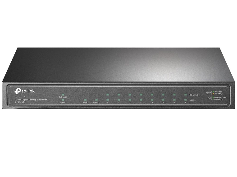 Switch cu 8 porturi PoE+ Gigabit, 1 port LAN, 1 port SFP, 63W, Plug And Play, Tp-Link, TL-SG1210P. Fiabilitate si performanță 1 Switch cu 8 porturi PoE+ Gigabit