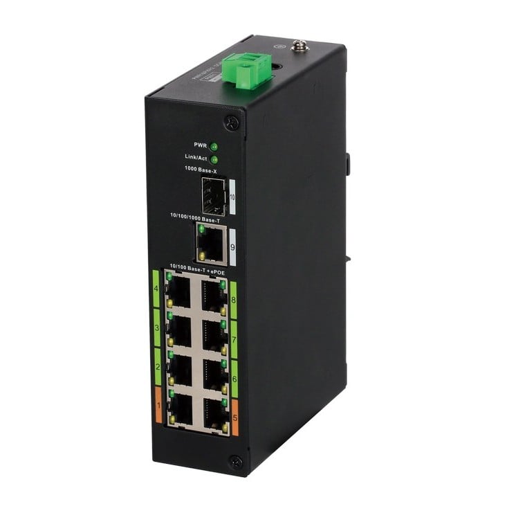 Switch cu 8 porturi PoE si 2 Porturi UPLINK, 120W, 1000 Mbps, 48-57V DC, ePoE pana la 800m, LR2110-8ET-120 Dahua. Fiabilitate si performanță 1 Switch cu 8 porturi PoE si 2 Porturi UPLINK